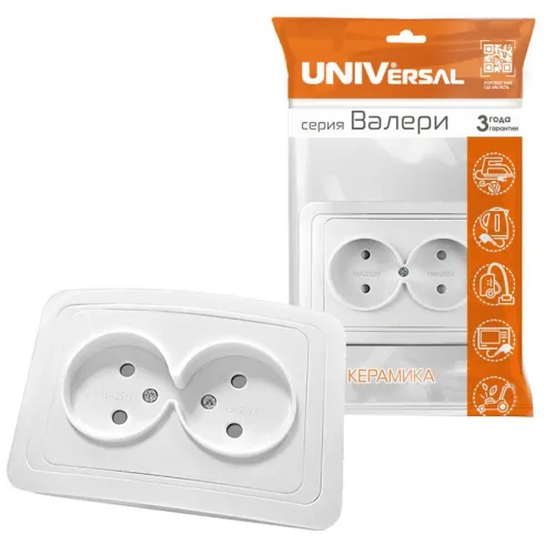 Розетка 2-м СП Валери 16А IP20 без заземл. защ. шторки бел. UNIVersal В0102x фото 2