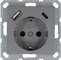 Розетка Shuko 16А с заземл. защ. шторки с 2-мя заряд. устройствами USB тип A+C 25Вт механизм алюм. Jasmart G5501USB-25S