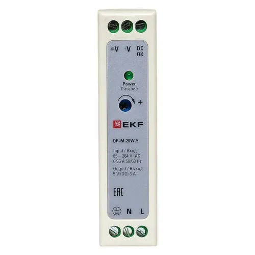 Блок питания на DIN рейку 20Вт Uвх 220В AC m Uвых - 5В DC постоянного тока EKF DR-M-20W-5 фото 6