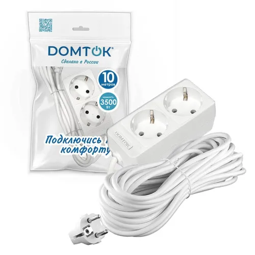 Удлинитель 2х10м с заземл. 16А IP20 3.5кВт ПВС 3х1 бел. DOMTOK 2385 фото 2