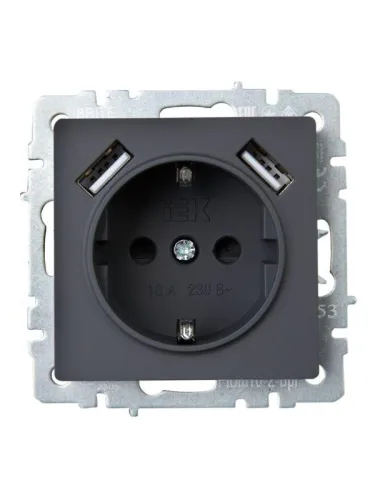 Розетка BRITE РЮш10-2-БрГ 16А с USB A+A 3.1А с заземл. защ. шторки механизм графит IEK BR-R14-16-U21-D31-K53 фото 2