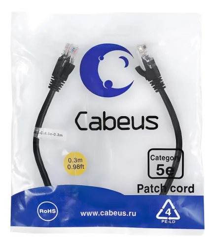 Патч-корд U/UTP кат.5E PC-UTP-RJ45-Cat.5e-0.3m-BK 2xRJ45/8p8c неэкранир. PVC 0.3м черн. Cabeus 7658c