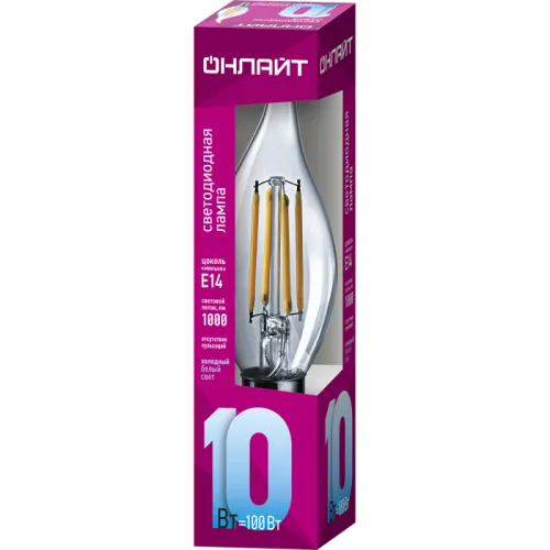 Лампа светодиодная филаментная 80 899 OLL-F-FC35-10-230-4K-E14 10Вт свеча на ветру прозрачная 4000К нейтр. бел. E14 1000лм 220-240В ОНЛАЙТ 80899 фото 2