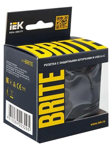 Розетка BRITE РЮш11-1-БрЧ 16А с USB A+C 18Вт с заземл. защ. шторки механизм черн. IEK BR-R14-16-U22-018-K02 фото 7