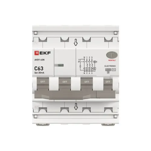 Выключатель автоматический дифференциального тока 4п (3P+N) C 63А 30мА тип AC 6кА АВДТ-63N электронный PROxima EKF D63N46E63C30 фото 4