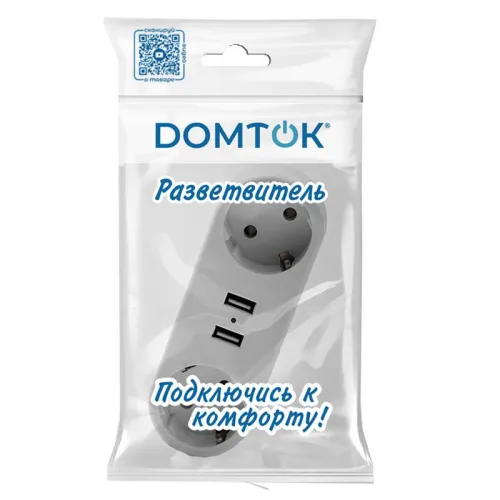 Разветвитель 2-м плоский с заземл.16А 2USB А+А 2.4А 3500Вт бел. DOMTOK 2732 фото 2
