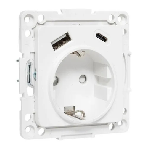 Розетка 1-м СП Стокгольм 16А USB A+C с заземл. защ. шторки винтов. клеммы механизм бел. EKF EYR16-2USB-typeA-typeC