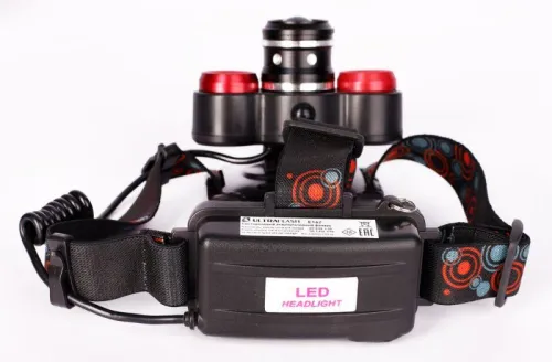 Фонарь налобный аккумуляторный LED5338 3.7В 3LED 5Вт фокус 2 ак. 4 реж. USB бокс черн. Ultraflash 15032 фото 6