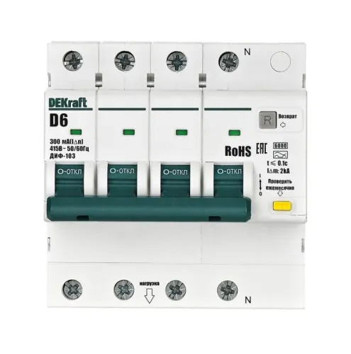 Выключатель автоматический дифференциального тока (АВДТ) 3P+N 6А 300мА AC х-ка D ДИФ-103 6кА DEKraft 16525DEK фото 2