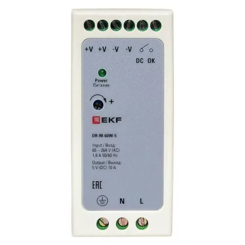 Блок питания на дин рейку 60Вт Uвх 260В AC m Uвых 5В DC постоянного тока EKF DR-M-60W-5 фото 6