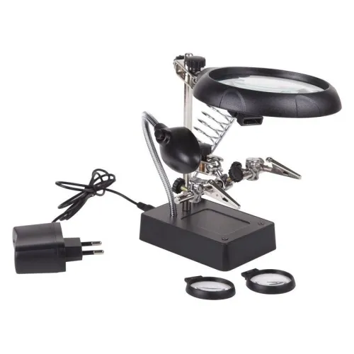 Держатель "третья рука" с лупой х2.5 подставка под паяльник LED подсветка Rexant 12-0250 фото 18