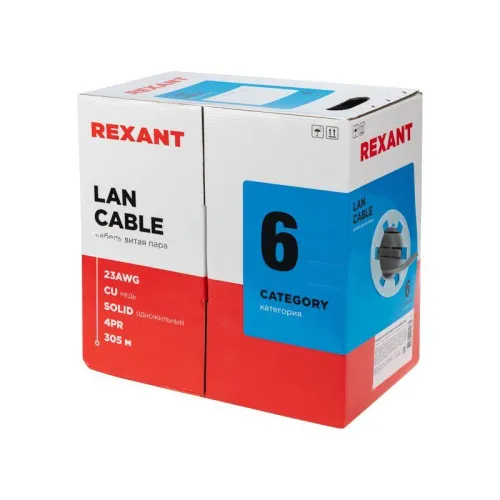 Кабель витая пара U/UTP кат.6 4х2х23AWG CU LSZH нг(А)-HF INDOOR SOLID сер. (305м) Rexant 01-0067 фото 2