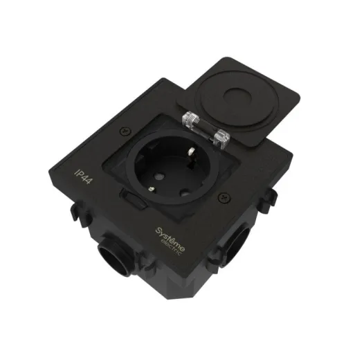 Лючок MultiDesk MDK21 с розеткой 2P+E 16А 250В IP44 с монтажной коробкой для бетонных полов черн. матов. SE MDK21202MBC