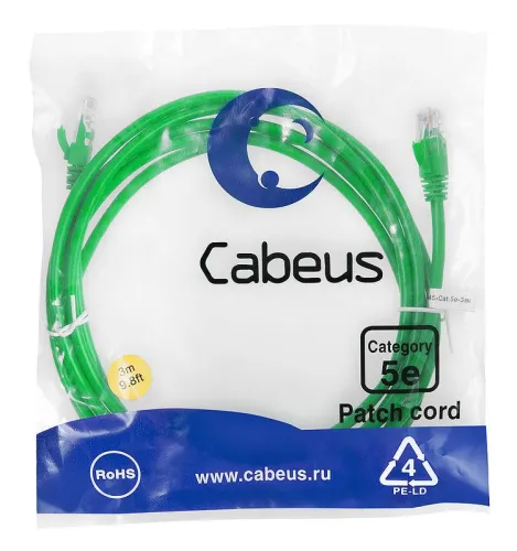 Патч-корд U/UTP кат.5E PC-UTP-RJ45-Cat.5e-3m-GN 2xRJ45/8p8c неэкранир. PVC 3м зел. Cabeus 7456c