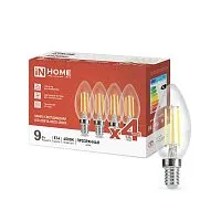 Лампа светодиодная филаментная LED-СВЕЧА-deco 4PACK 9Вт свеча прозрачная 4000К нейтр. бел. E14 1040лм 230В (уп.4шт) IN HOME 4690612052557