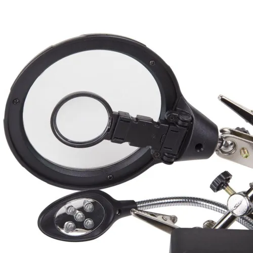 Держатель "третья рука" с лупой х2.5 подставка под паяльник LED подсветка Rexant 12-0250 фото 4