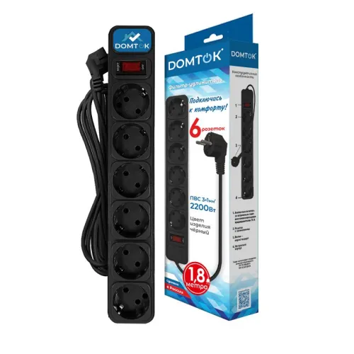 Удлинитель с сетевым фильтром 6х1.8м с заземл 10А IP20 2.2кВт ПВС 3х1 с выкл. черн. DOMTOK 2521 фото 2