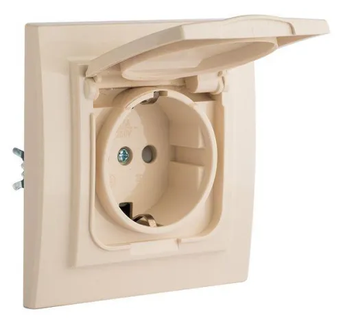 Розетка 1-м СП Минск 16А IP44 с заземл. защ. шторки с крышкой беж. EKF ERR16-029-200-44 фото 5