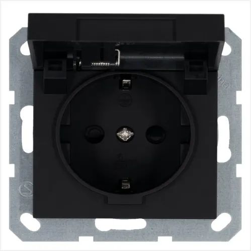 Розетка 1-м Shuko 16А IP20 с заземл. защ. шторки с крышкой механизм черн. матов. soft touch Jasmart G5505PB