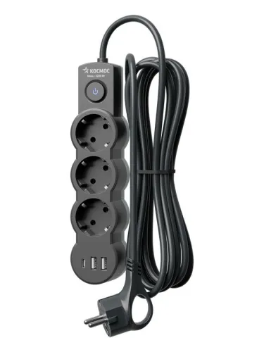 Удлинитель 3х3м с заземл. 10А IP20 USB 2800Вт 220В ПВС 3х1 с выкл. черн. КОСМОС YKsm3m3g-Z-VU10А-B фото 2