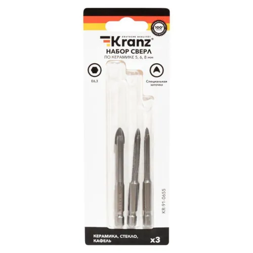 Набор сверл по керамической плитке 5-6-8мм шестигранный хвостовик Kranz KR-91-0655 фото 6
