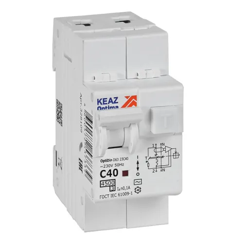 Выключатель автоматический дифференциального тока 2п OptiDin D63-23C40-AC-У3 C40 100мА 4.5кА с защитой от сверхтоков КЭАЗ 328109