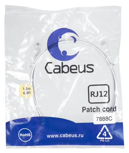 Патч-корд телефонный PC-TEL-RJ12-1.5m 2х6р4с PVC 1.5м бел. Cabeus 7888c