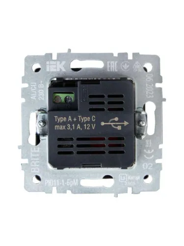 Розетка BRITE USB A+C 18Вт РЮ11-1-БрЧ механизм черн. IEK BR-U22-018-K02 фото 3