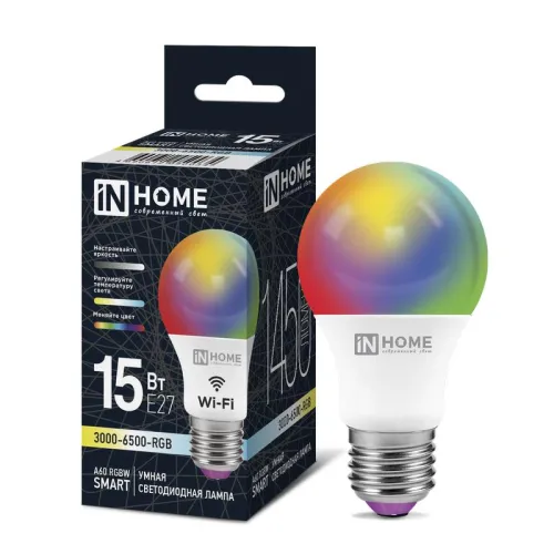 Лампа светодиодная LED-A60-RGBW-SMART 15Вт 3000-6500К E27 1450лм 230В димм. IN HOME 4690612050034