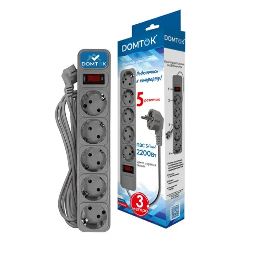 Удлинитель с сетевым фильтром 5х3м с заземл 10А IP20 2.2кВт ПВС 3х1 с выкл. сер. DOMTOK 2533 фото 2