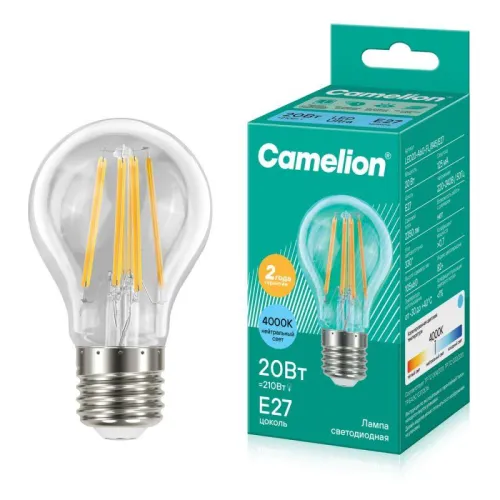 Лампа светодиодная филаментная LED20-A60-FL/845/E27 20Вт грушевидная прозрачная 4500К бел. E27 220-240В Camelion 13719