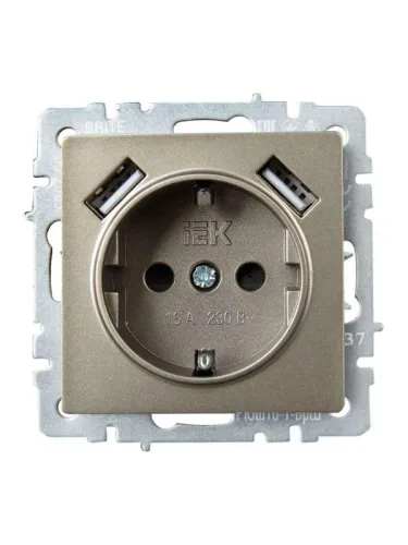 Розетка BRITE РЮш10-1-БрШ 16А с USB A+A 2.1А с заземл. защ. шторки механизм шампань IEK BR-R14-16-U21-D21-K37 фото 4