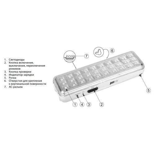 Фонарь-светильник аккумуляторный Accu9-L30-wh аварийный 30SMD яркий 300лм 2ч/эконом 90лм 6ч 220В аккум. Li-ion 3.7В 1.2А.ч бел. JazzWay 5024533 фото 4