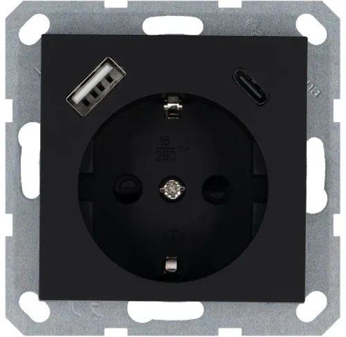 Розетка Shuko 16А с заземл. защ. шторки с 2-мя заряд. устройствами USB тип A+C 25Вт механизм черн. матов. soft touch Jasmart G5501USB-25PB