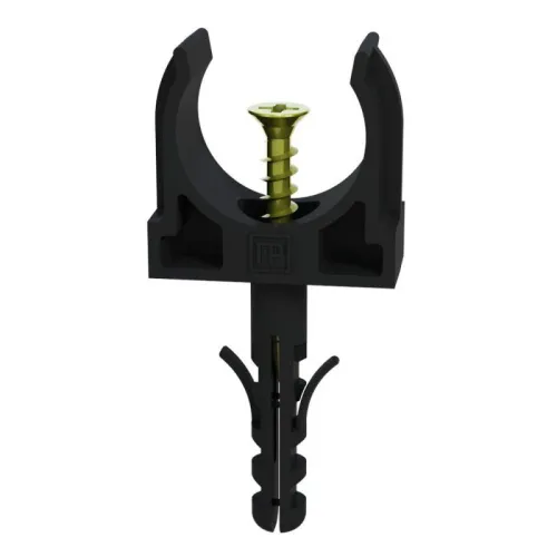 Держатель для труб (клипса) d25мм с дюбелем и саморезом черн. (уп.100шт) Промрукав PR13.0221