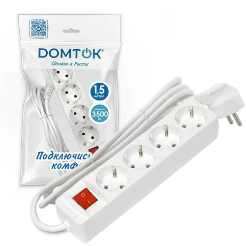Удлинитель 4х1.5м с заземл. 16А IP20 3х1 с выкл. бел. DOMTOK 2374 фото 3