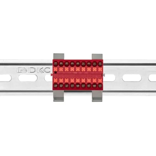 Блок распределительный с горизонт. адаптером на рейку шир. 35мм зажим push-in 18 точек подключения 2.5кв.мм красн. DKC DTP1-018-04SPUR-H фото 2