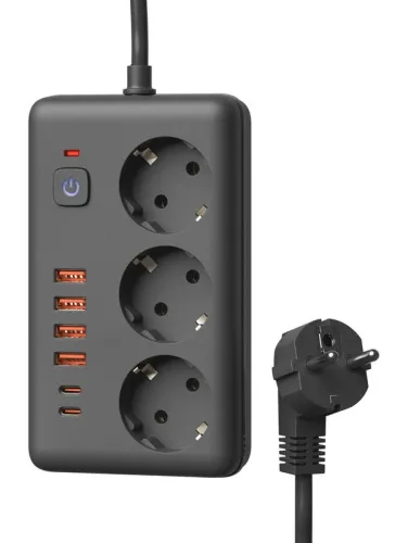 Удлинитель с сетевым фильтром 3х3м 10А 4USB + 2USBC 2500Вт ПВС 3х1 прямоуг. черн. КОСМОС FKsm3m-3gPF(B)USB фото 2