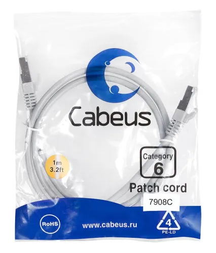 Патч-корд F/UTP кат.6 PC-FTP-RJ45-Cat.6-1m-LSZH 2xRJ45/8p8c экранир. LSZH 1м сер. Cabeus 7908c