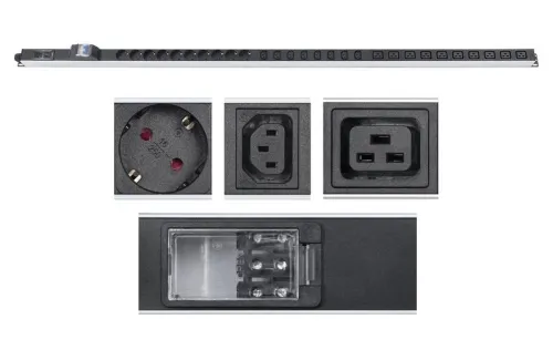 Блок розеток для 19дюйм шкафов PDU-32-10S-10C19-8C13-B-T вертик. 10 розеток Schuko 10 розеток IEC 320 C19 8 розеток IEC 320 C13 32А автомат защиты алюм. корпус клем. колодка Cabeus 9547c
