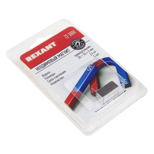 Магнит неодимовый прямоугольник 20х10х2мм сцепление 2.4кг (блист.5шт) Rexant 72-3404 фото 5