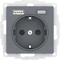 Розетка AtlasDesign 16А с 2-мя заряд. устройствами USB тип A+C 5В/2.4А 2х5В/1.2А механизм грифель SE ATN000732