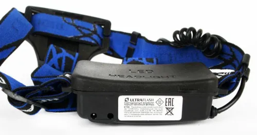 Фонарь аккумуляторный налобный E150 CREE 3Вт фокус 3 режима 220В пластик. черн. (бокс) Ultraflash 12188 фото 16