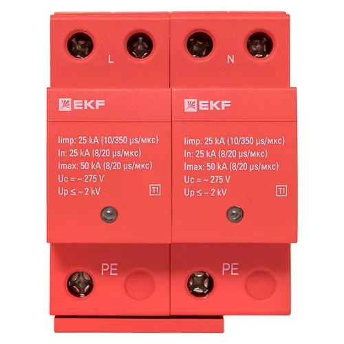 Устройство защиты от импульсных перенапряжений класс 1 Iimp 25кА (10/350мкс) 2P EKF spd-t1-2p фото 9