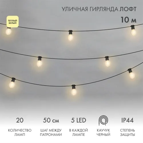 Гирлянда светодиодная "Лофт" 20 прозр. ламп х 5LED 60Вт IP44 уличная влагостойкая провод каучук черн. Neon-Night 331-357