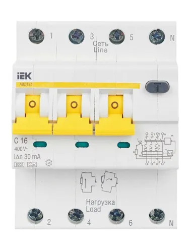 Выключатель автоматический дифференциального тока 4п (3P+N) C 16А 30мА тип A 6кА АВДТ-34 KARAT IEK MAD22-6-016-C-30 фото 3