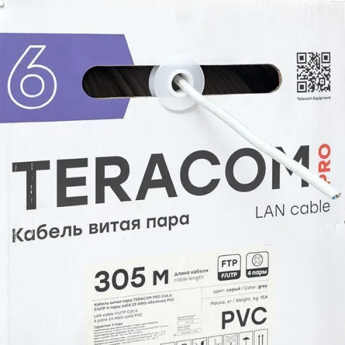 Кабель витая пара F/UTP кат.6 4 пары 23 AWG solid PVC сер. (уп.305м) TERACOM PRO EKF TRP-6FTP-04PVC-GY-IN3 фото 6