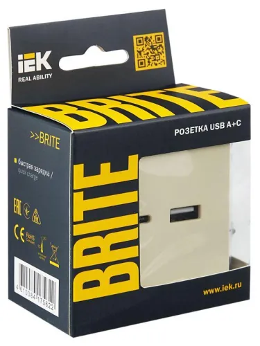 Розетка BRITE USB A+C 18Вт РЮ11-1-БрКр механизм беж. IEK BR-U22-018-K10 фото 6