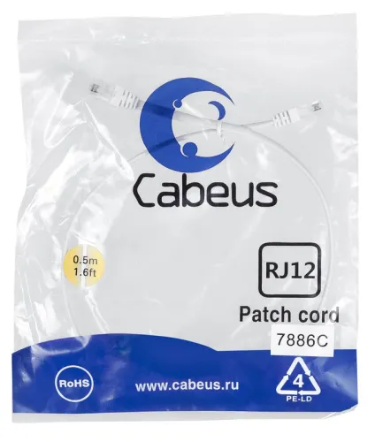 Патч-корд телефонный PC-TEL-RJ12-0.5m 2х6р4с PVC 0.5м бел. Cabeus 7886c