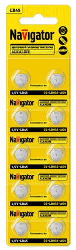 Элемент питания алкалиновый "таблетка" 95 670 NBT-13 (LR45 AG9 LR936 BP10) (блист.10шт) Navigator 95670